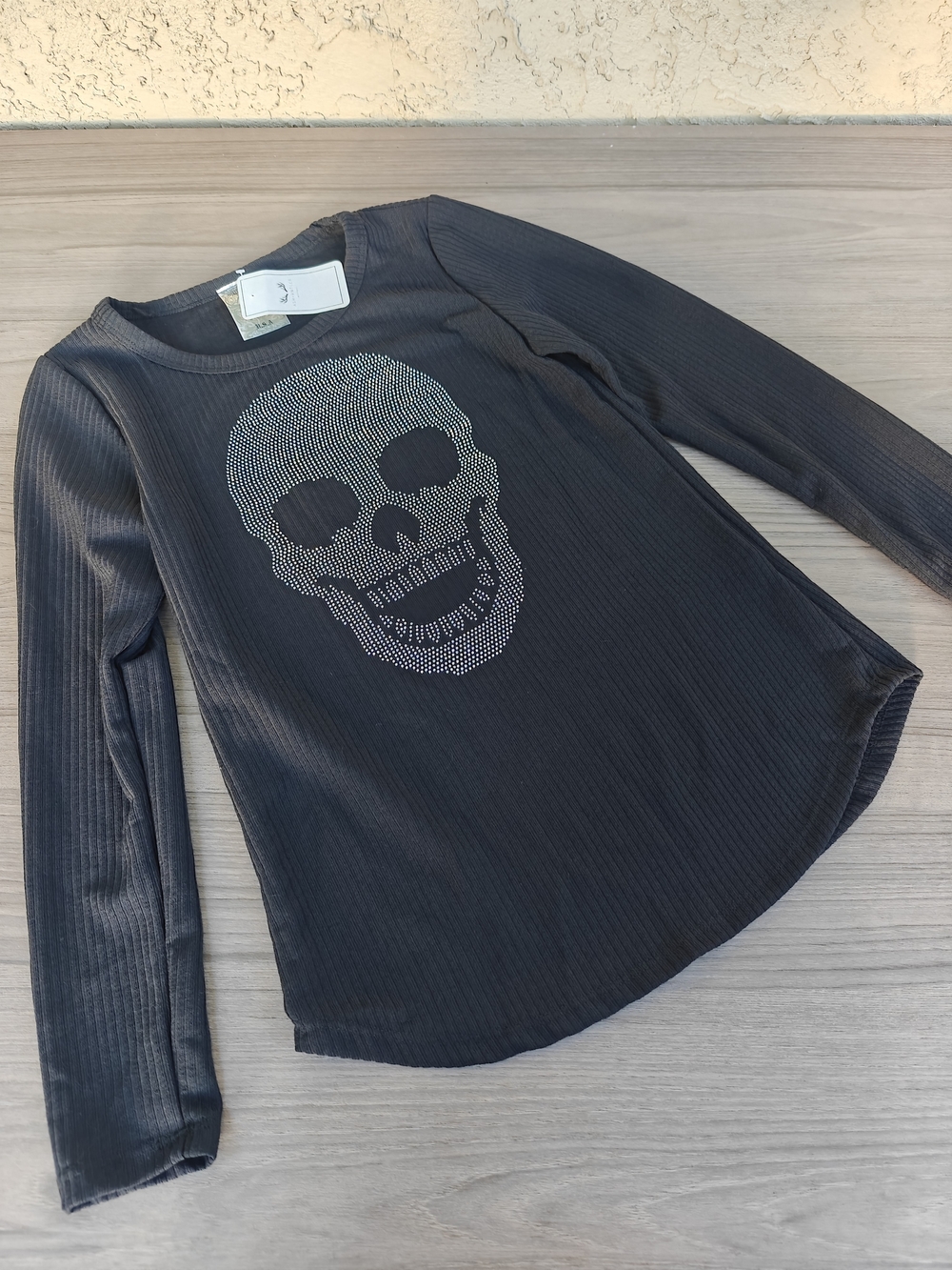 Vocal Black Long-Sleeve Ribbed Top with Rhinestone Skull